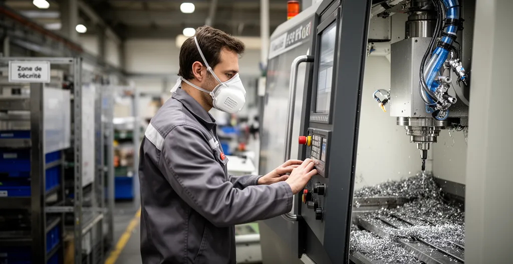 Opérateur portant une protection respiratoire devant une machine d'usinage industriel