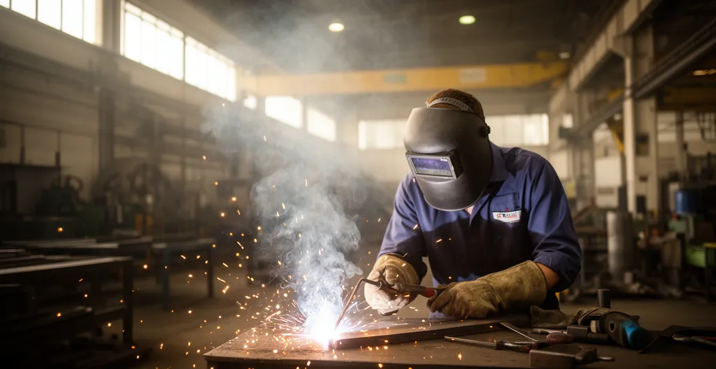 Fumées de soudage s'élevant d'un poste de travail dans un atelier métallurgique
