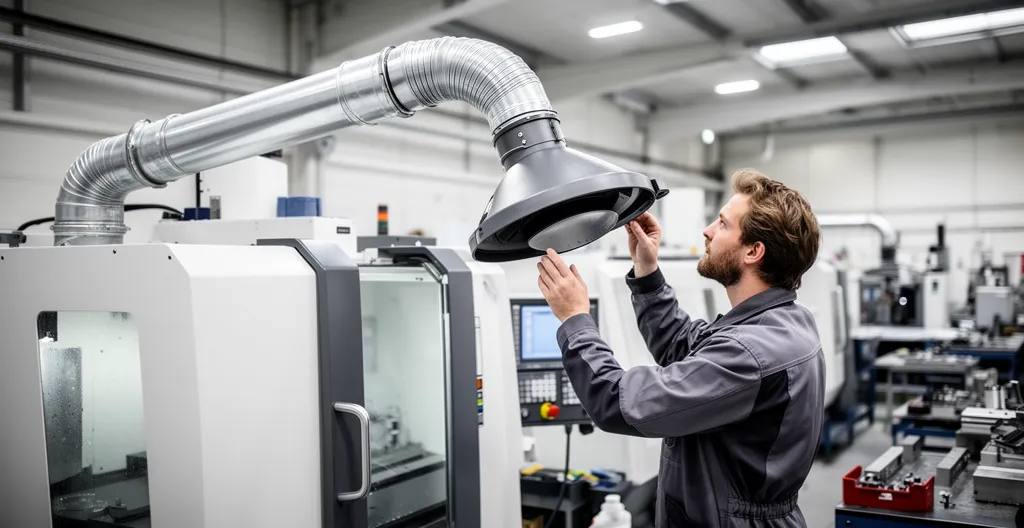 Système de filtration industrielle avec bras d'extraction positionné près d'une machine CNC