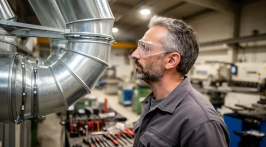 Technicien industriel inspectant un système de ventilation et filtration dans un atelier métallique