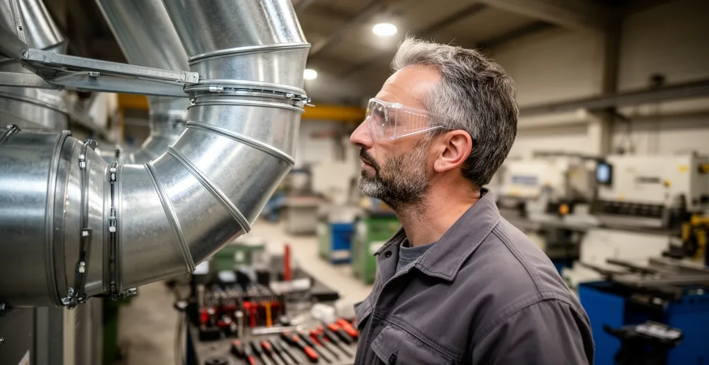 Technicien industriel inspectant un système de ventilation et filtration dans un atelier métallique