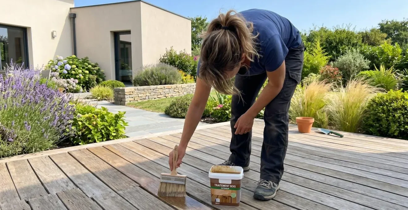 Une personne vue de dos applique au pinceau large un saturateur sur les lames d'une terrasse en bois dans un jardin contemporain ensoleillé