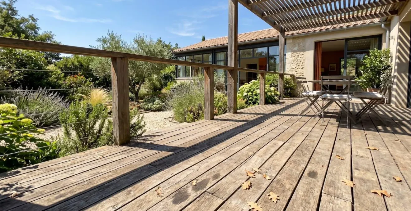 Vue en plongée d'une terrasse en bois extérieure vide dans un jardin contemporain français avec des ombres marquées révélant une exposition ensoleillée