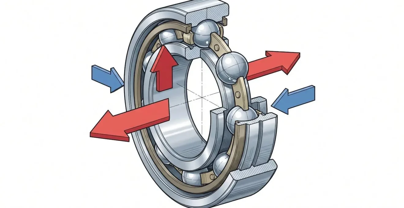 Vue technique en coupe d'un roulement à billes montrant les directions des forces radiale et axiale sur les pistes de roulement