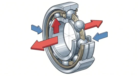 Vue technique en coupe d'un roulement à billes montrant les directions des forces radiale et axiale sur les pistes de roulement