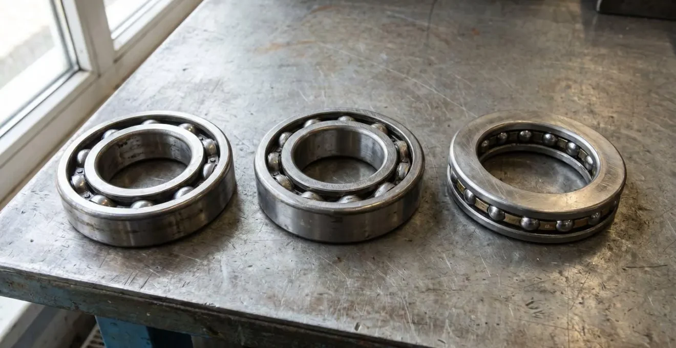 Comparaison côte à côte d'un roulement à billes rigide, d'un roulement à contact oblique et d'une butée à billes sur fond industriel