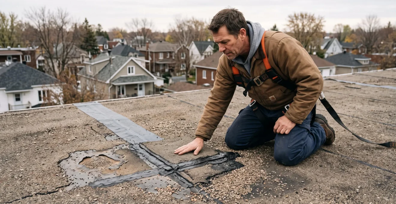 Un couvreur inspecte une membrane de toit plat usée avec des réparations antérieures sur une résidence au Québec.